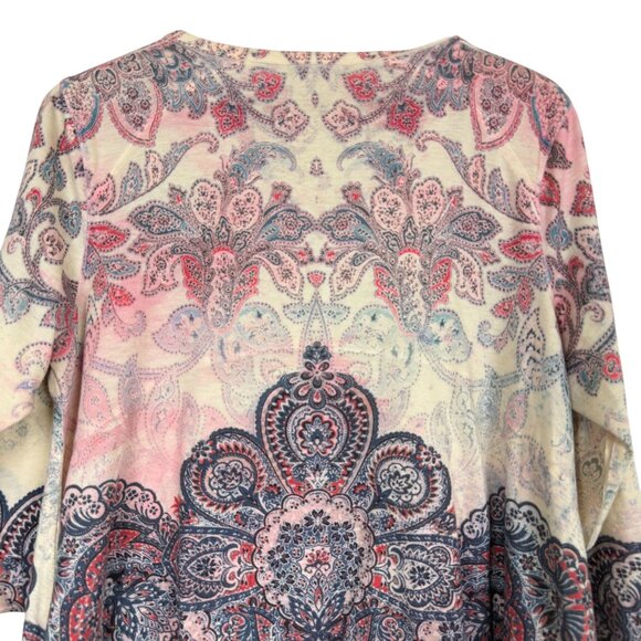 One World Paisley Print Tunic Top Sz XL Beaded 3/4 Sleeves Asymmetrical Hem - Picture 8 of 11